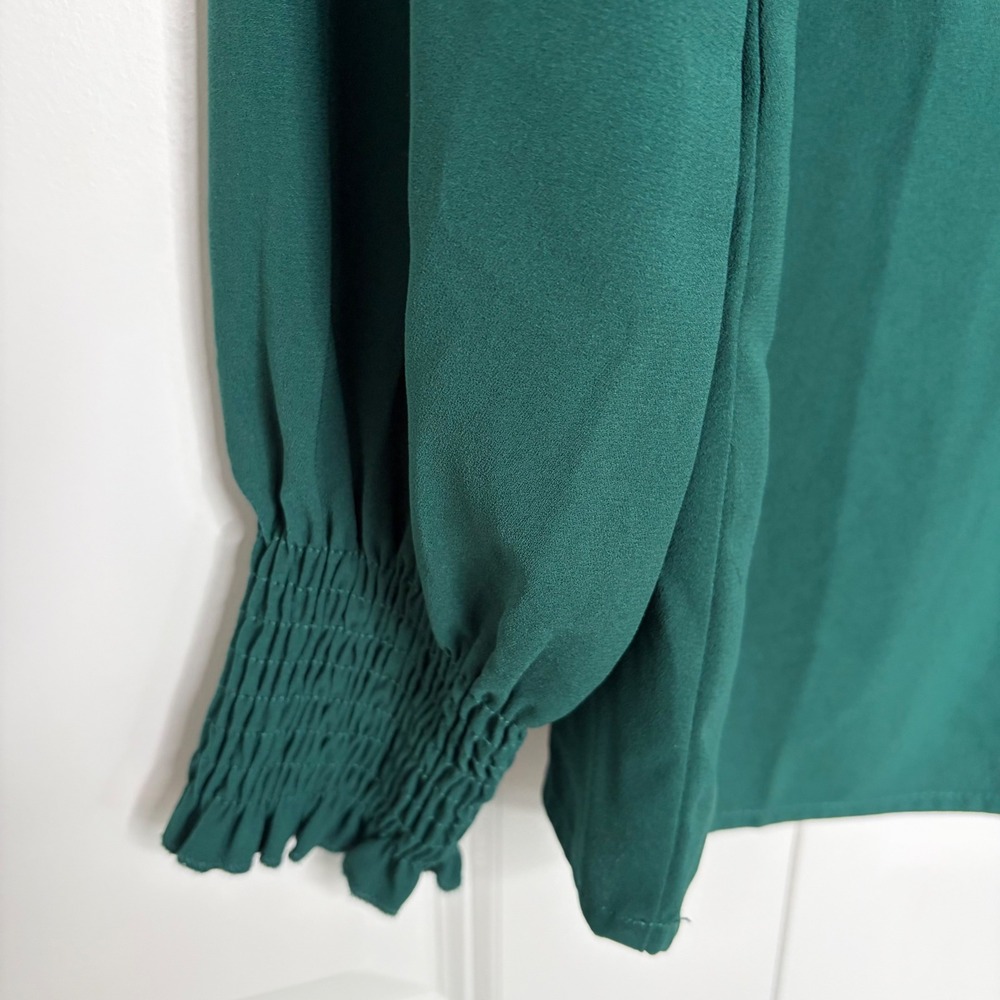 Grace Karin Emerald Green Ruffle Neck Blouse Small Smocked Cuff NWT - Picture 4 of 13